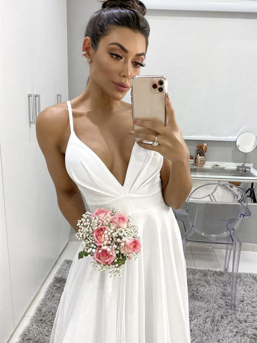 White Long A Line V Neck Spaghetti Straps Backless Formal Graduation Prom Dresses