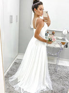 White Long A Line V Neck Spaghetti Straps Backless Formal Graduation Prom Dresses