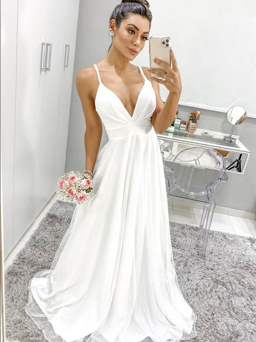 White Long A Line V Neck Spaghetti Straps Backless Formal Graduation Prom Dresses
