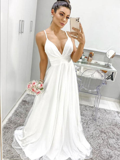 White Long A Line V Neck Spaghetti Straps Backless Formal Graduation Prom Dresses