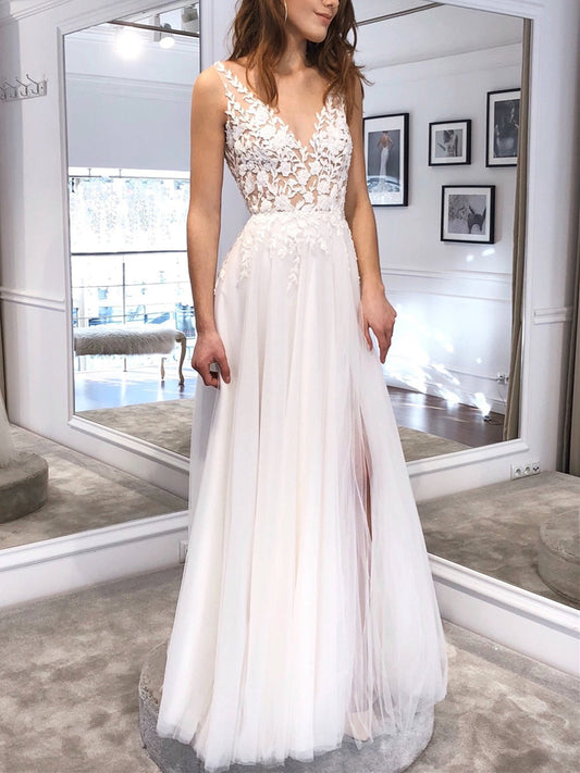 Vestido de fiesta blanco largo de corte A con escote en V, tul, espalda descubierta y encaje con abertura