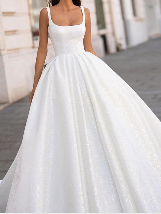 Weißes Langes Duchesse-Linie U-Ausschnitt Hofschleppe Satin Brautkleider