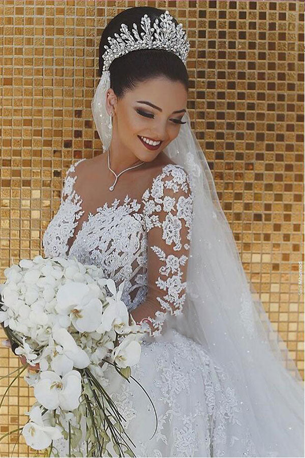 White Long Mermaid Lace Wedding Dresses with Sleeves