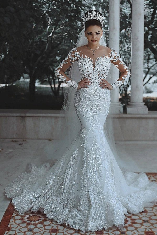 Robe de mariée sirène blanche longue en dentelle avec manches