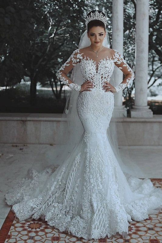 Vestidos de noiva longos de renda sereia branca com mangas