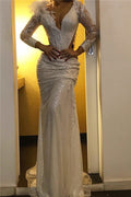 White Long Mermaid V-neck Sequined Evening Dress with Sleeves