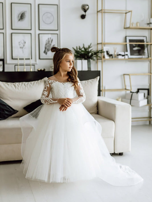 Vestido de baile branco de mangas compridas com tule e renda para florista com laço