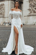 White Mermaid Wedding Dress Off Shoulder Draped Cowl Neck Lace Long Sleeve