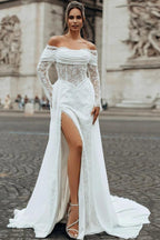 White Mermaid Wedding Dress Off Shoulder Draped Cowl Neck Lace Long Sleeve