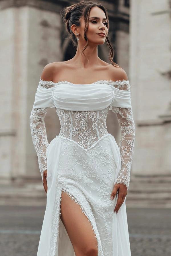 White Mermaid Wedding Dress Off Shoulder Draped Cowl Neck Lace Long Sleeve