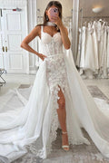 White Mermaid Wedding Dress With Sweetheart Lace Detachable Tulle Overskirt