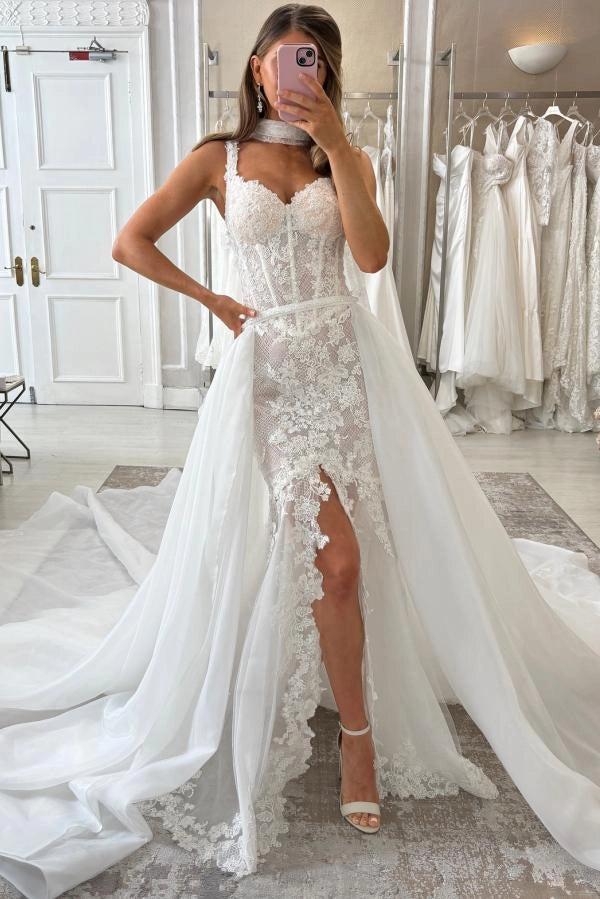 White Mermaid Wedding Dress With Sweetheart Lace Detachable Tulle Overskirt