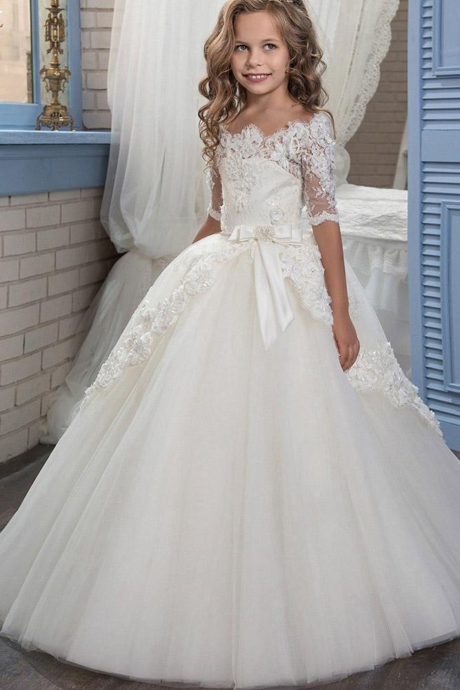 Numbersea White Off The Shoulder Half Sleeve Ball Gown Flower Girls Dress