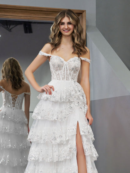 Vestido de fiesta de princesa con corte A, hombros descubiertos, corsé blanco y volantes de encaje