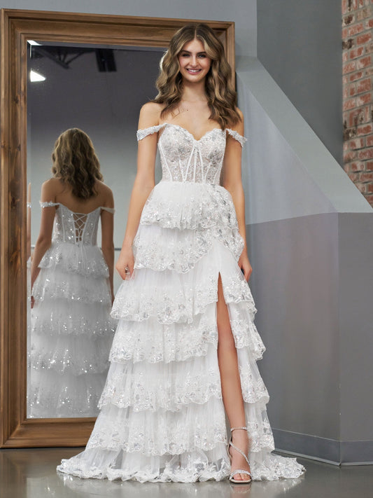 Vestido de fiesta de princesa con corte A, hombros descubiertos, corsé blanco y volantes de encaje