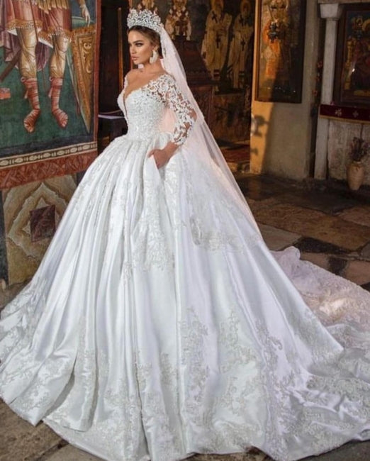 White Satin A-line Lace V-neck Wedding Dresses With Long Sleeves