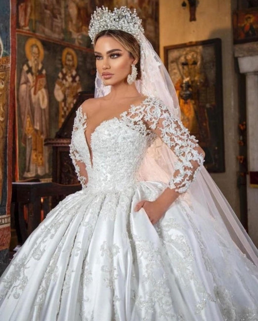 White Satin A-line Lace V-neck Wedding Dresses With Long Sleeves