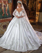 White Satin A-line Lace V-neck Wedding Dresses With Long Sleeves