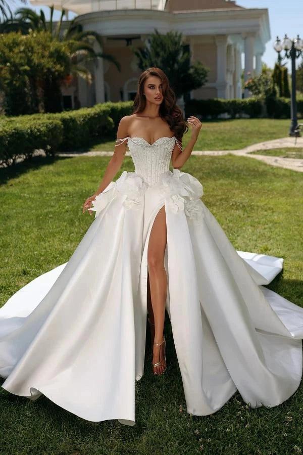 White Satin Ball Gown Wedding Dress Off The Shoulder Crystal Pearl Bodice