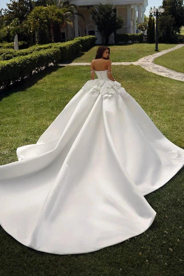 White Satin Ball Gown Wedding Dress Off The Shoulder Crystal Pearl Bodice