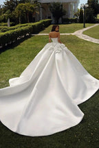 White Satin Ball Gown Wedding Dress Off The Shoulder Crystal Pearl Bodice