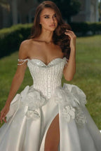 White Satin Ball Gown Wedding Dress Off The Shoulder Crystal Pearl Bodice