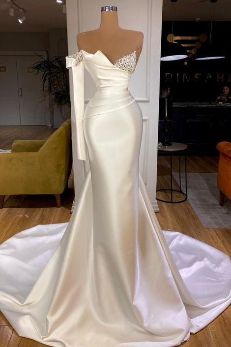 Vestidos de fiesta largos de sirena con un solo hombro en satén blanco