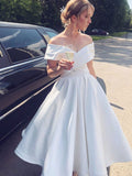 White Short A-line Off the Shoulder Tea Length Satin Wedding Dresses