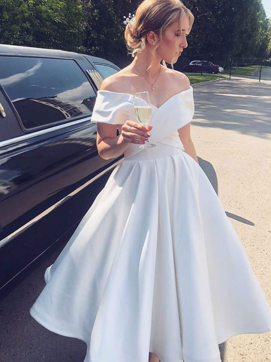 White Short A-line Off the Shoulder Tea Length Satin Wedding Dresses