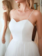 White Short A-line Sweetheart Tulle Tea Length Wedding Dresses