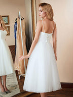 White Short A-line Sweetheart Tulle Tea Length Wedding Dresses