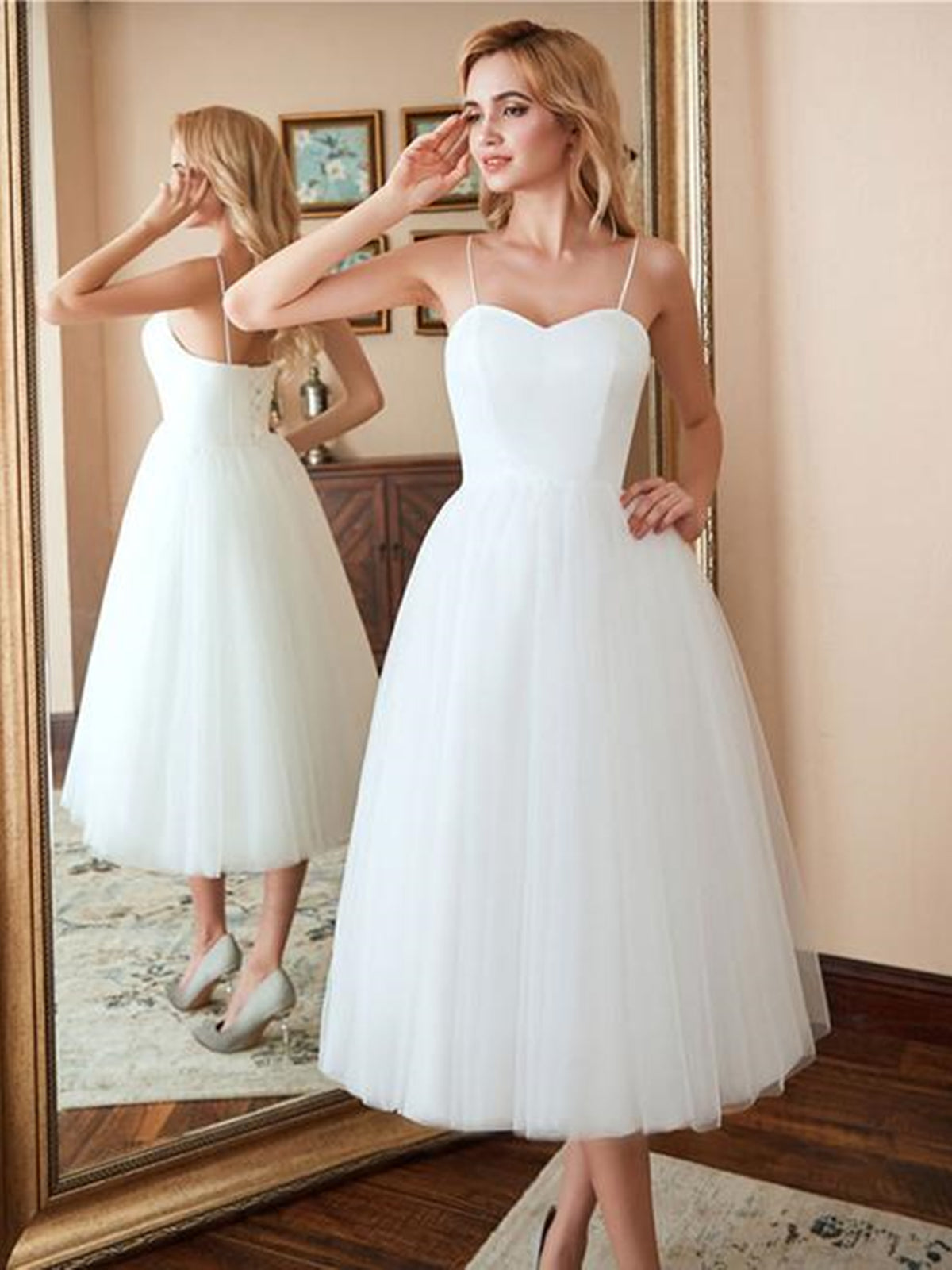 White Short A-line Sweetheart Tulle Tea Length Wedding Dresses