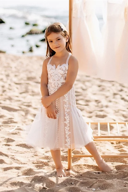 White Flower Girl Dress With Lace Appliques Tulle Floor Length A Line Backless