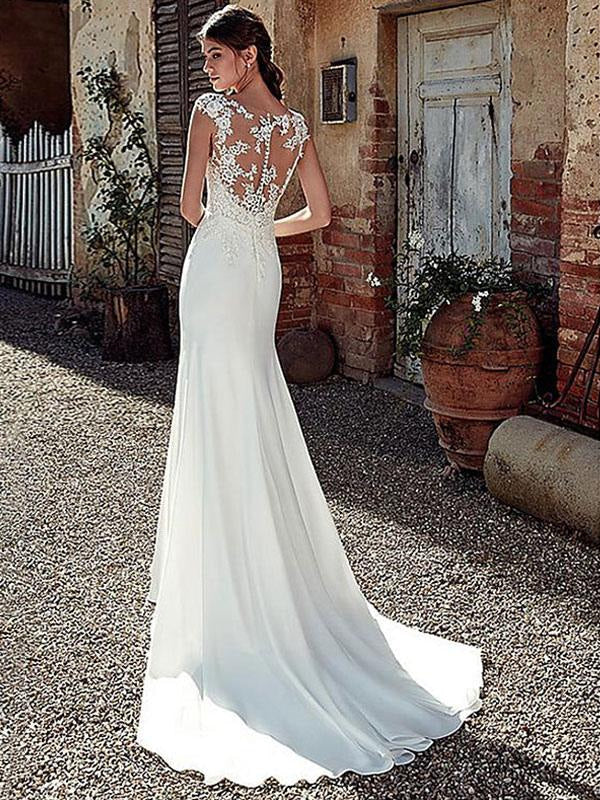 White Chiffon Illusion Sleeves Bridal Gown Court Train Sheath