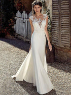 White Chiffon Illusion Sleeves Bridal Gown Court Train Sheath