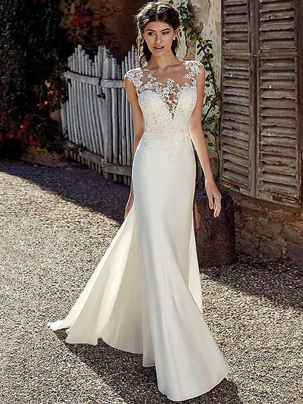 White Chiffon Illusion Sleeves Bridal Gown Court Train Sheath