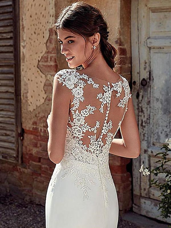 White Chiffon Illusion Sleeves Bridal Gown Court Train Sheath