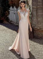 White Chiffon Illusion Sleeves Bridal Gown Court Train Sheath