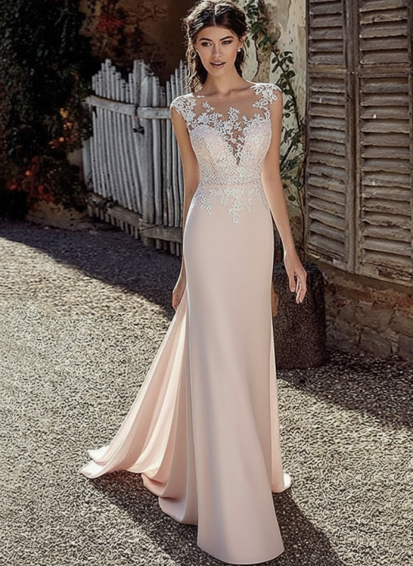 White Chiffon Illusion Sleeves Bridal Gown Court Train Sheath