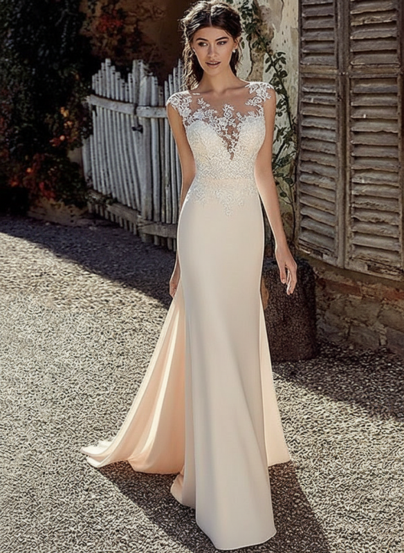 White Chiffon Illusion Sleeves Bridal Gown Court Train Sheath