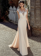 White Chiffon Illusion Sleeves Bridal Gown Court Train Sheath