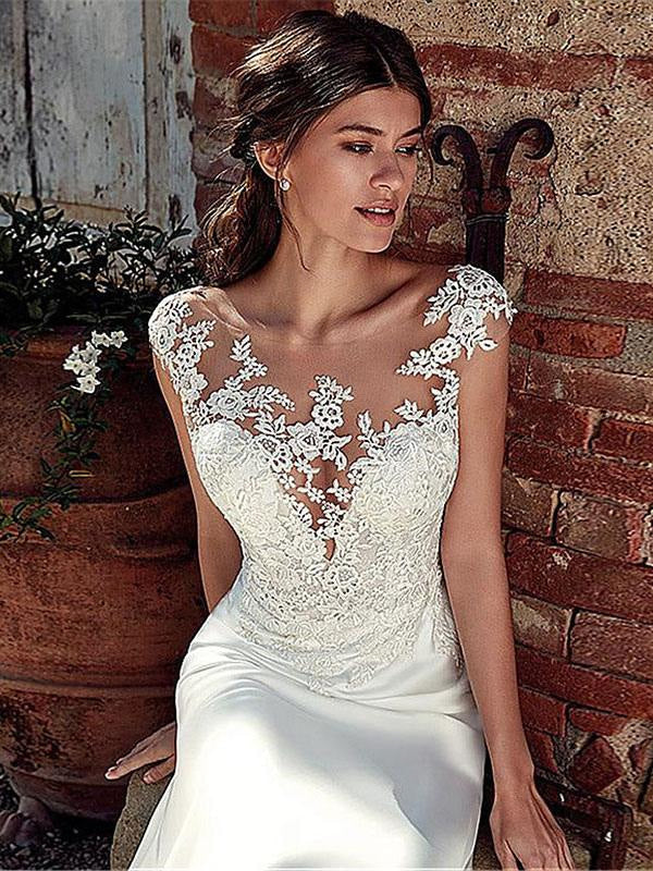 White Chiffon Illusion Sleeves Bridal Gown Court Train Sheath