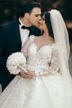 White Sweetheart A-line Long Sleeves Wedding Dress With Lace