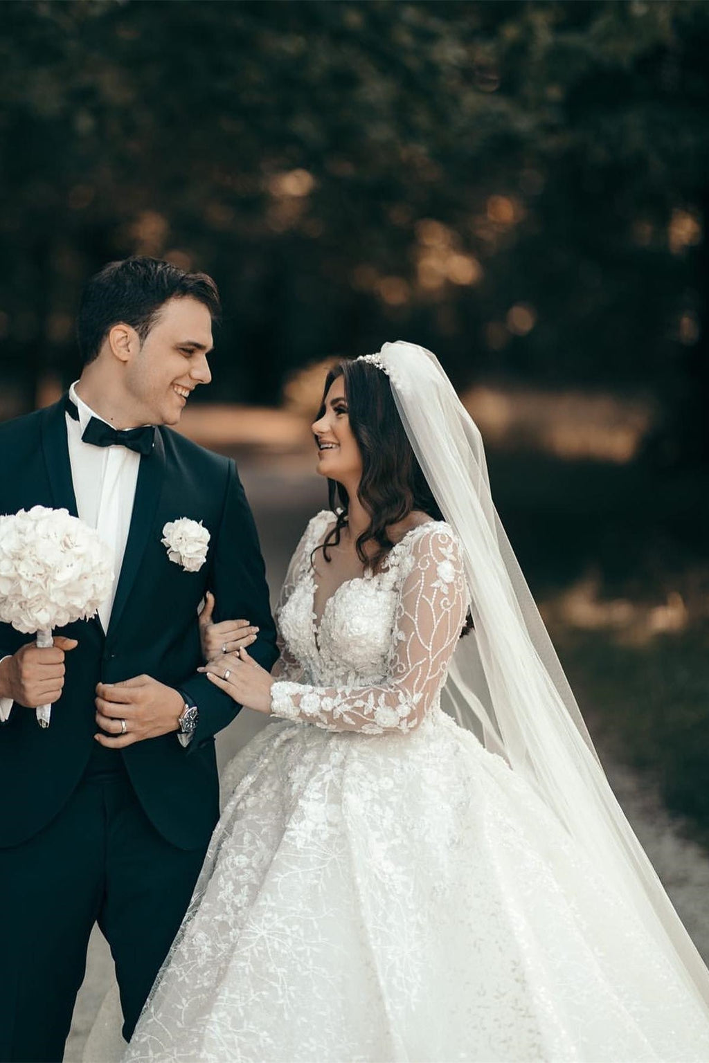 White Sweetheart A-line Long Sleeves Wedding Dress With Lace