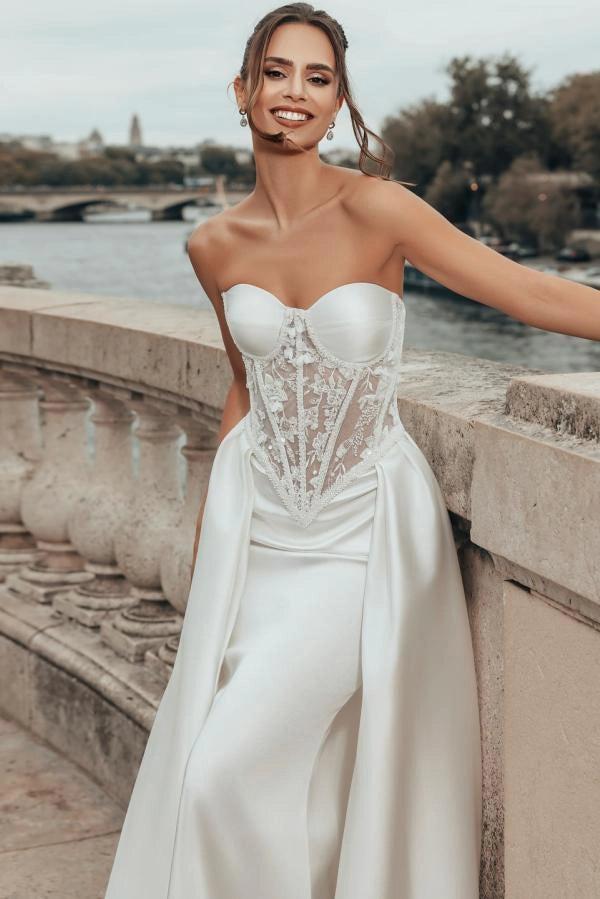 White Strapless Mermaid Wedding Dress With Illusion Bodice And Lace Embroidery