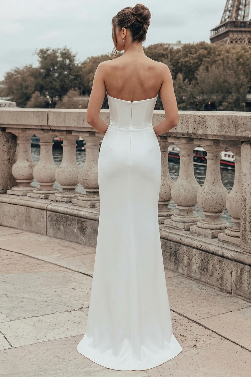 White Strapless Mermaid Wedding Dress With Illusion Bodice And Lace Embroidery