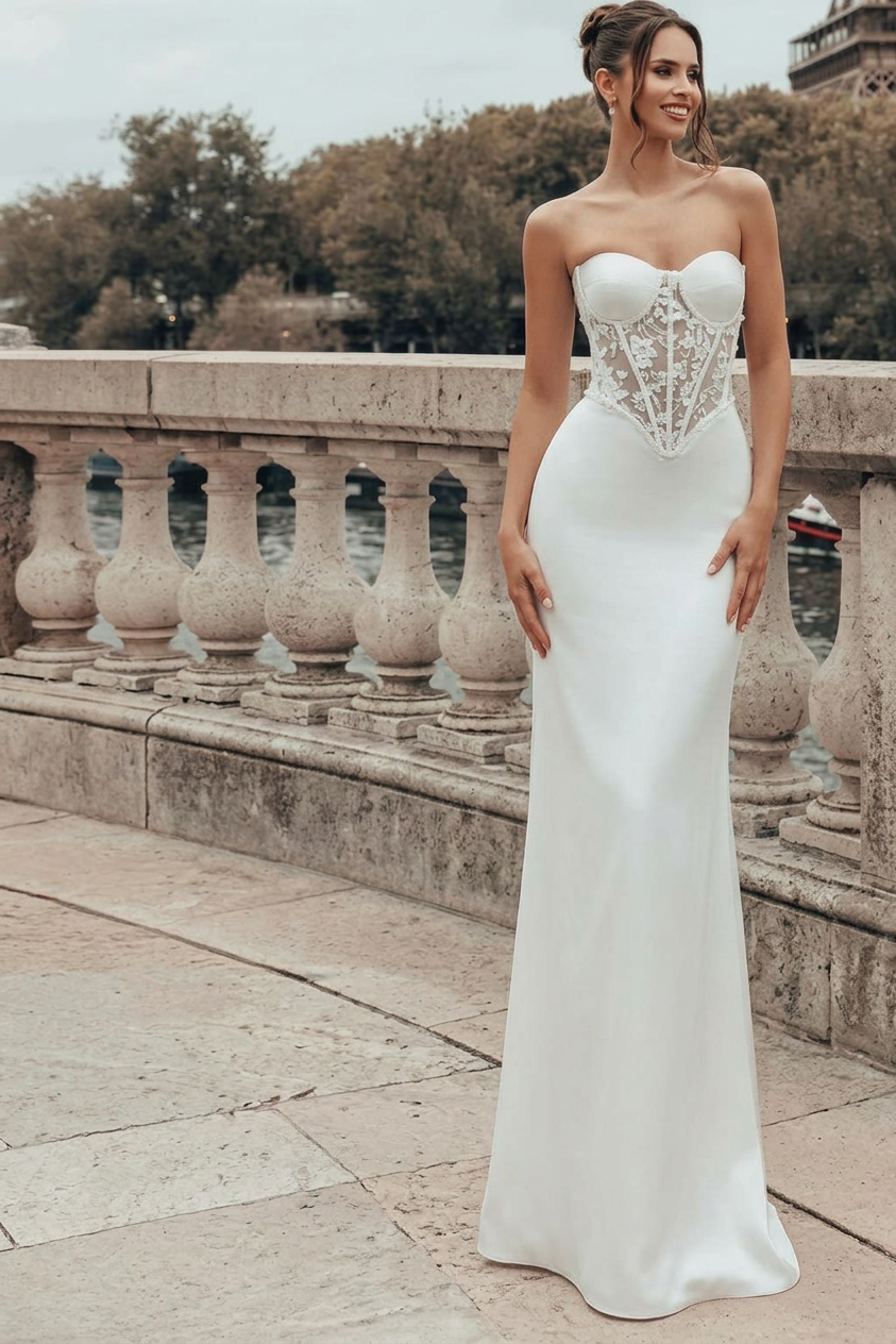 White Strapless Mermaid Wedding Dress With Illusion Bodice And Lace Embroidery