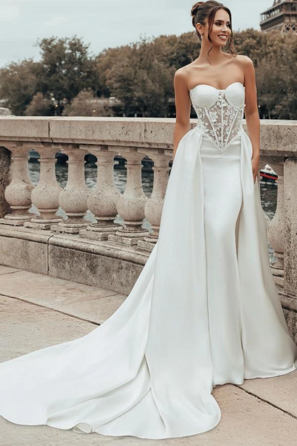 White Strapless Mermaid Wedding Dress With Illusion Bodice And Lace Embroidery