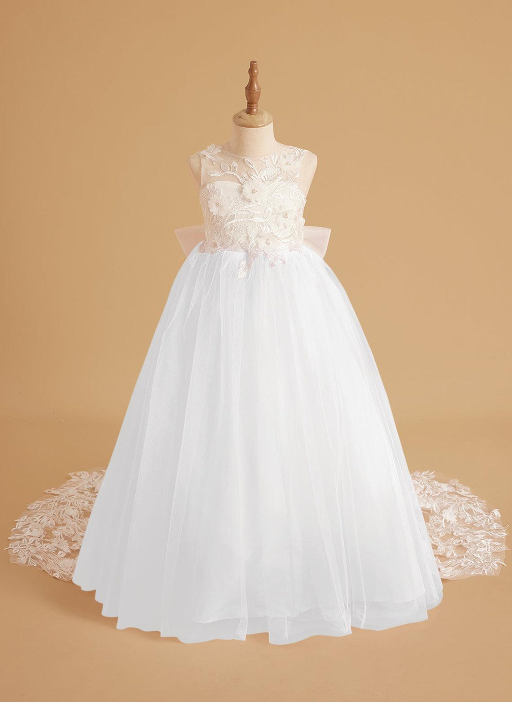 Sleeveless Princess Flower Girl Dress With Detachable Train And Beaded Lace