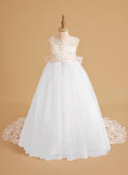 Sleeveless Princess Flower Girl Dress With Detachable Train And Beaded Lace